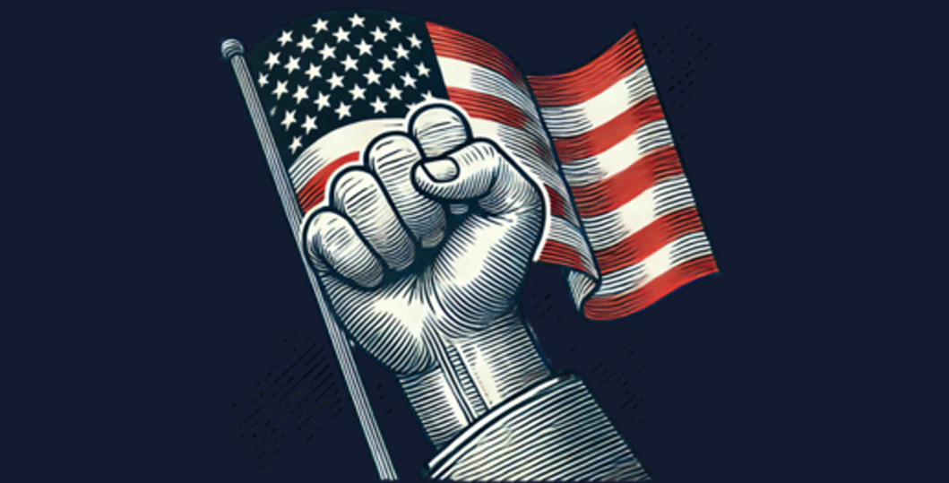 Hand Fist Up In Air US flag behind showing union strength