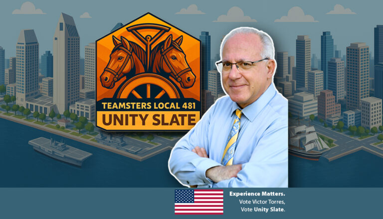 Candidate of the Unity Slate 481 Victor Torres stands in front of an illustrative San Diego City Scape.