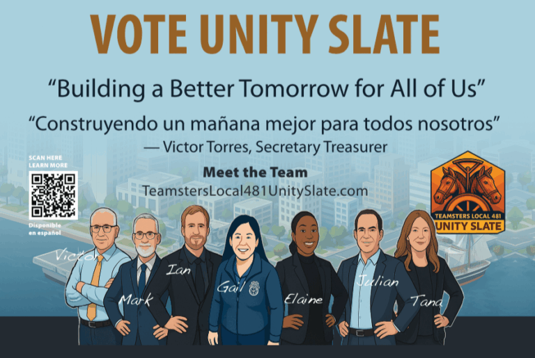 A cartoon look at the members of the executive board of the Local 481 Unity Slate.