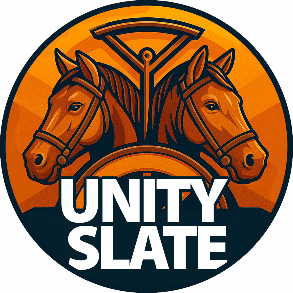 Teamsters Local 481 Unity Slate Logo design with two horses and the words Unity Slate.