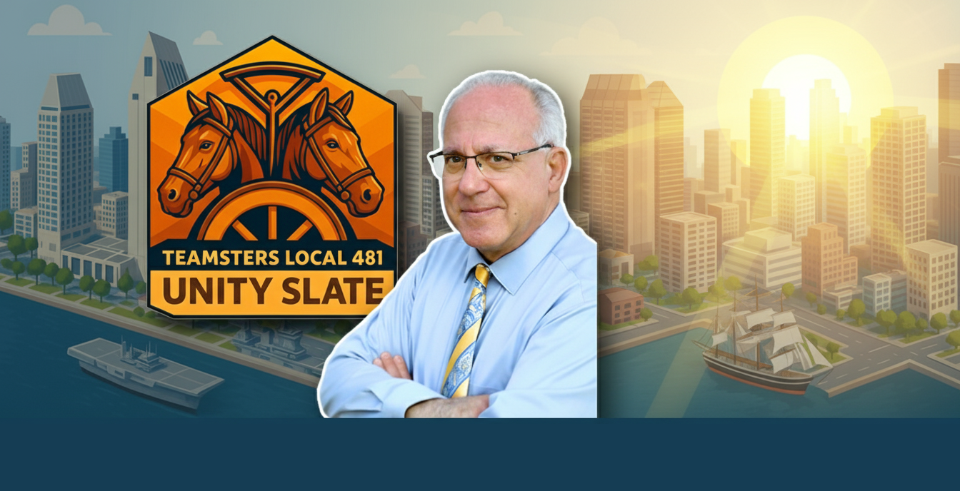 Forward-Looking and Hopeful: A dynamic graphic with Victor Torres looking forward, possibly with an upward or forward motion implied. The Unity Slate logo could be at the forefront, leading the visual direction. The background should be bright and optimistic, perhaps with a rising sun motif over a San Diego landscape. Tina's quote "He has always cared about the wellbeing of others" and a phrase like "Fighting for a better future" would be central.