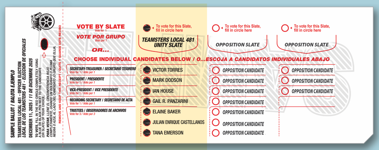 an example ballot for the local 481 teamsters union labor leadership team know as the Unity Slate.